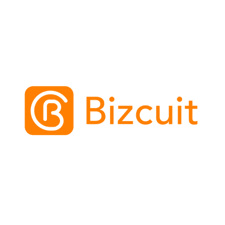 Bizcuit logo featuring an orange square icon with a stylized 'B' and text.