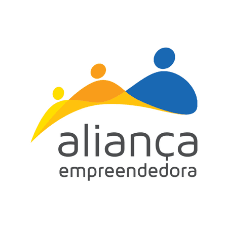 Logo for Aliança Empreendedora showing three stylized figures in yellow, orange, and blue.