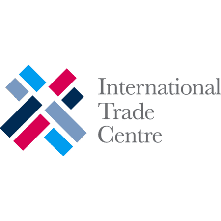 Logo for International Trade Centre with abstract blue, red, and grey geometric design.