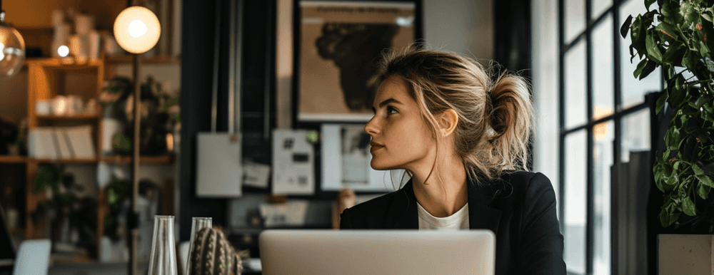 Thoughtful young woman works on a laptop in a modern office, looking right.