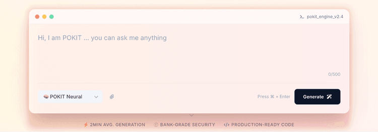 POKIT Neural AI chat interface showing 'Hi, I am POKIT ... ask me anything'.