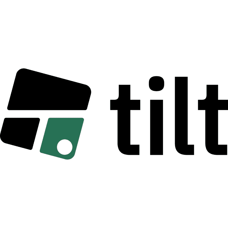 Black 'tilt' logo with an abstract green and black graphic symbol.