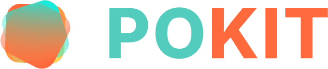 POKIT logo featuring an abstract, colorful blob to the left and teal and orange text.