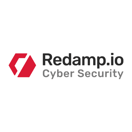Redamp.io Cyber Security logo featuring a red hexagonal icon.