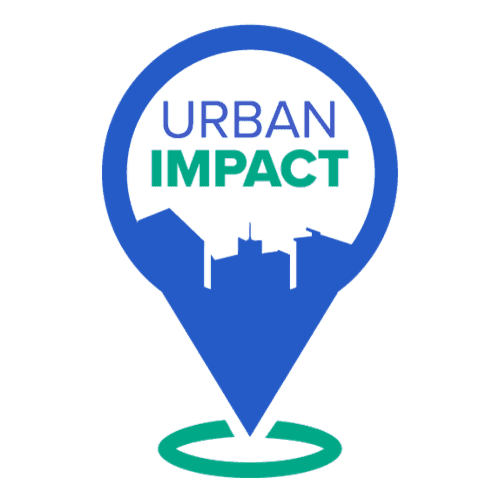 Urban Impact logo featuring a city skyline within a blue and green location pin.