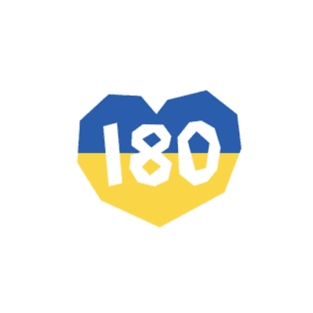 A blue and yellow heart, symbolizing Ukraine, with the number 180 inside.