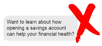 Financial health pop-up asking about savings account benefits, next to a red X.