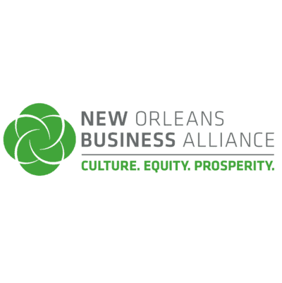 Logo of New Orleans Business Alliance with green symbol and tagline Culture, Equity, Prosperity.