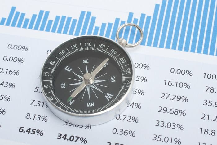A compass lies on a financial report with percentages and a blue bar chart.