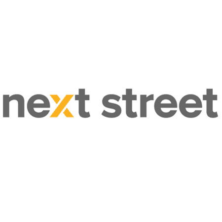The Next Street logo features gray text with an orange 'x' in the word 'next'.