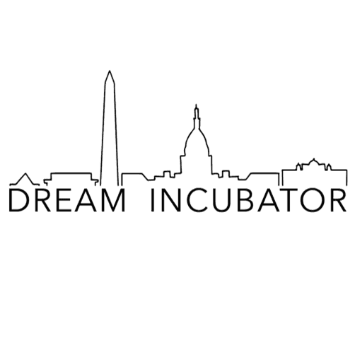 Washington D.C. skyline silhouette with monuments and the text DREAM INCUBATOR.