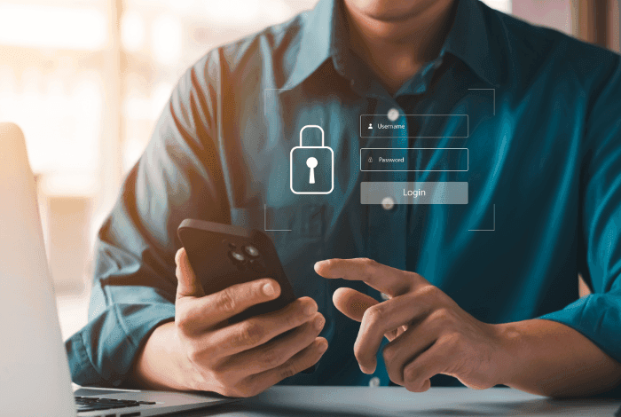 Person using a smartphone with a digital padlock and login interface overlaid.