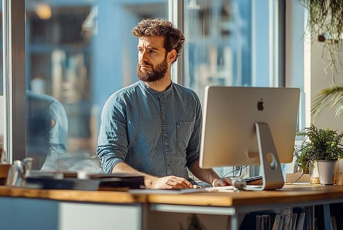 Bearded man in blue shirt looking out window while working at an iMac computer.