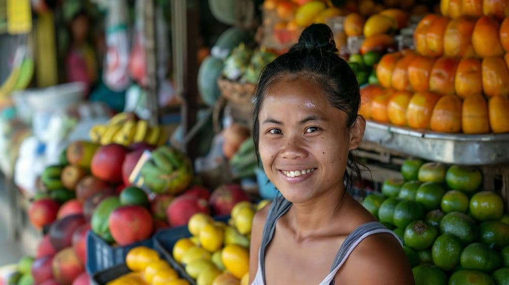 Smiling woman at a vibrant fruit stand displays fresh tropical produce for sale.