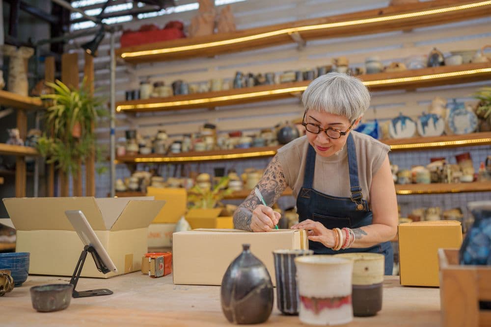 Older woman with short grey hair writing on a package in a pottery studio.