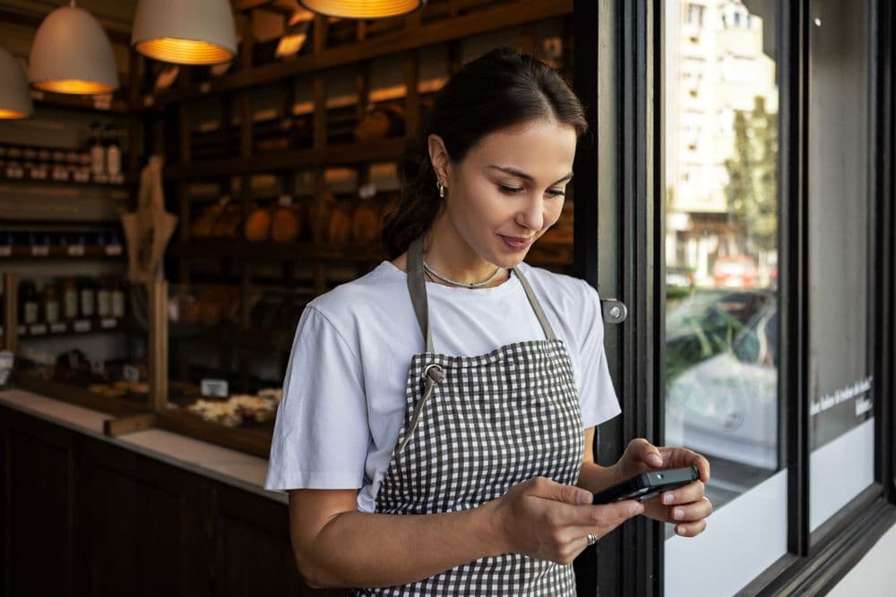 Young woman in apron checking smartphone inside a cozy cafe or bakery.
