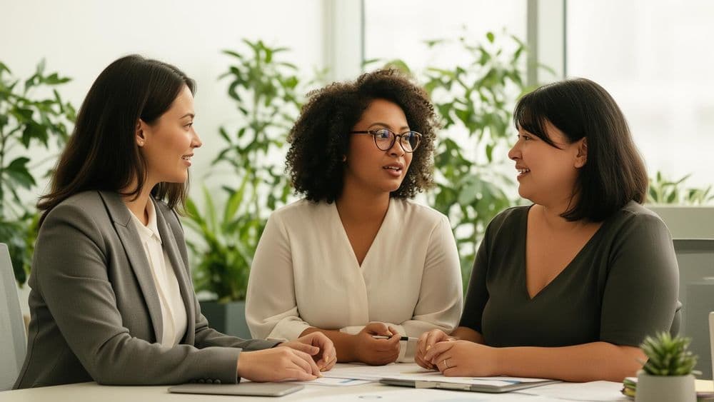 Three diverse women in a business meeting engaged in a lively conversation.