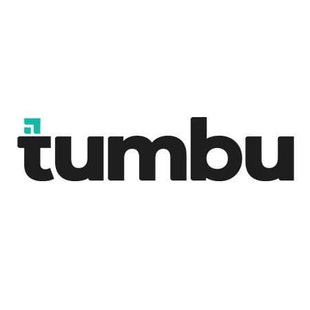 Tumbu logo featuring the word 'tumbu' in black with a teal pixelated graphic.