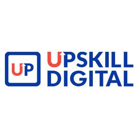 The UPSKILL DIGITAL logo features 'UP' in a red box and the brand name in red and blue text.