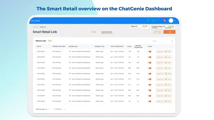 A ChatGenie dashboard displays the 'Smart Retail Lab' table listing various order details.