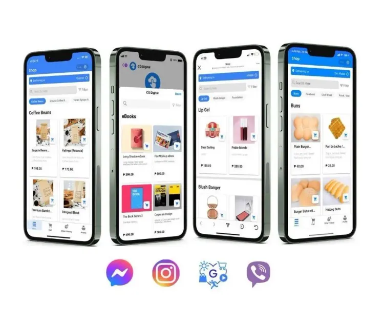 Four iPhones display e-commerce app interfaces with product listings and social media logos below.