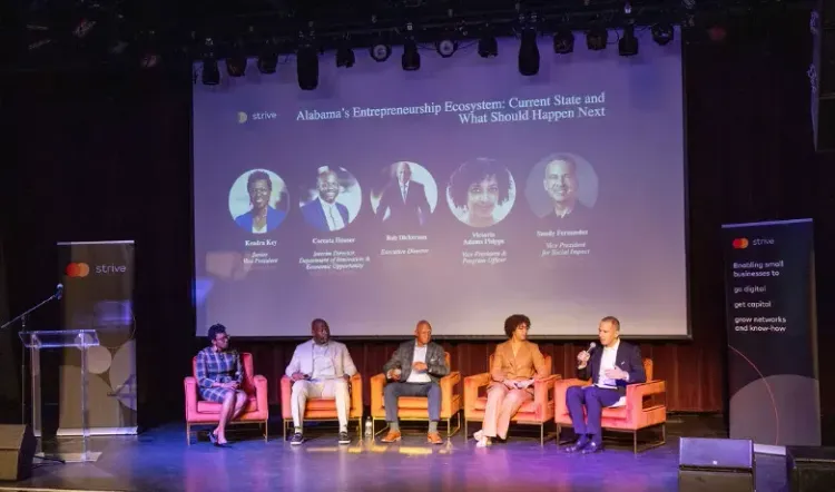 Sandy Fernandez, Vice President for Social Impact at the Mastercard Center for Inclusive Growth, moderating a discussion with (from left to right): Kendra Key, Coreata R. Houser, Bob Dickerson, and Victoria Adams Phipps from JPMorganChase.