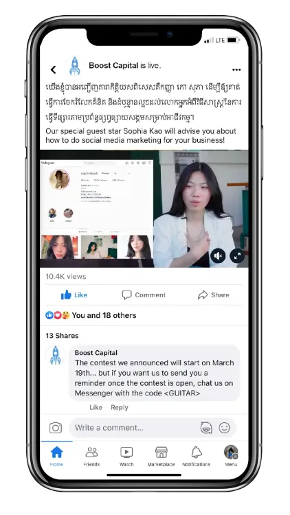Smartphone displaying a social media app with a post featuring a woman in a white blazer.