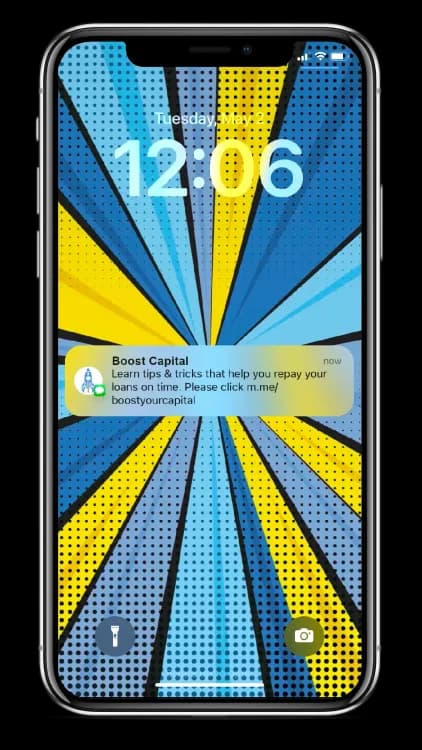 An iPhone lock screen displays 12:06 with a blue and yellow comic-style wallpaper.