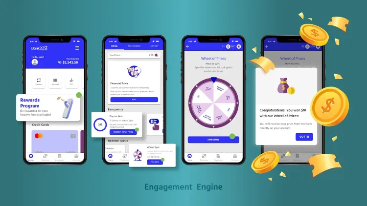 Mobile app screens demonstrate a rewards program, offers, spinning wheel, and reward claiming.