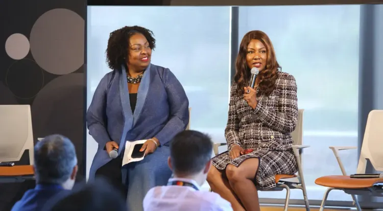 From left to right: Salah Goss, Senior Vice President for Social Impact at the Mastercard Center for Inclusive Growth, and Mayor Tishaura O. Jones, the Mayor of St. Louis, Missouri.