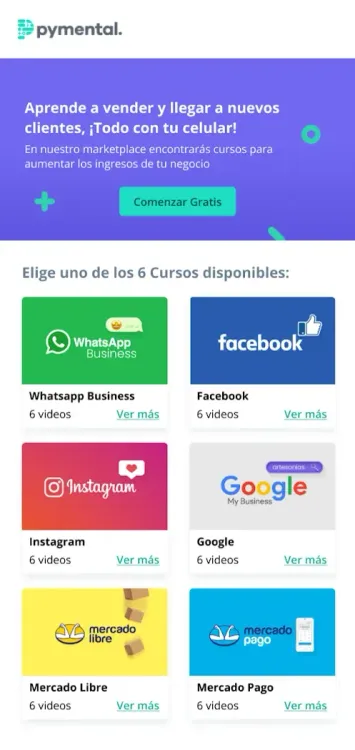 ppmental app displaying digital marketing courses for major social media and e-commerce platforms.
