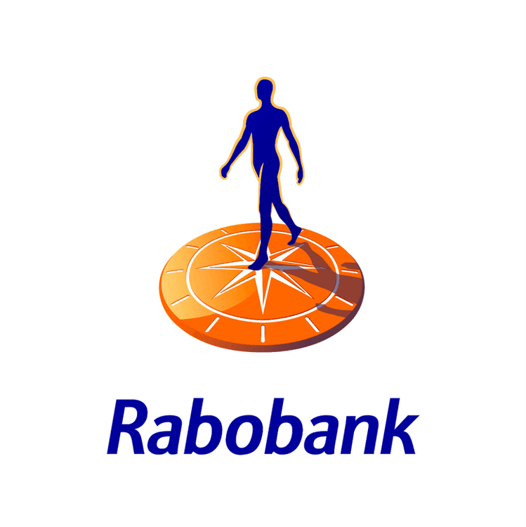 Rabobank logo featuring a person standing on an orange compass symbol with brand name.