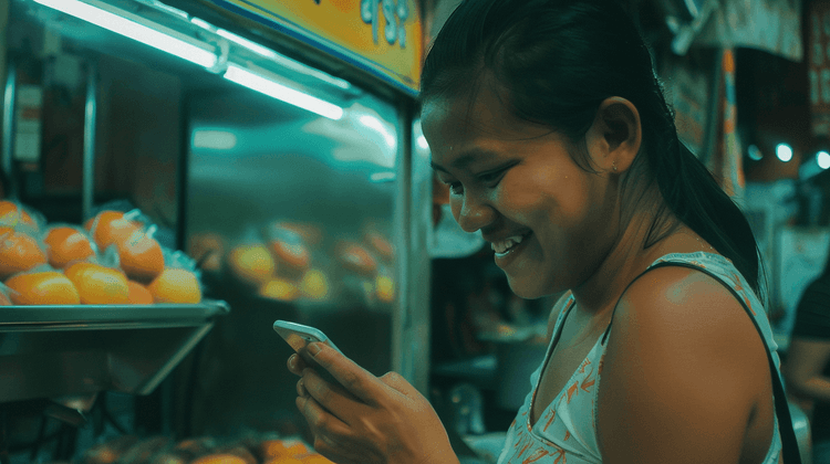 Smiling woman looks at her smartphone next to a brightly lit fruit stand at night.