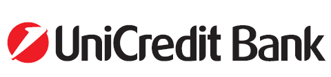 UniCredit Bank logo featuring a red circle with a white arrow and black text.